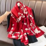 Silk Satin Print Green Long Scarf Red Rose