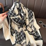 Silk Satin Long Scarf Black and beige