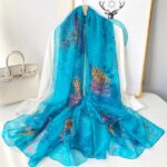 Elegant Coral Sea-Blue Transparent Thin Silk Printing Long Scarf