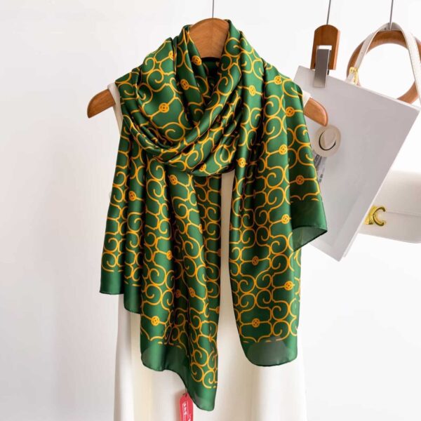 Silk Satin Printing Western Style Long Scarf gold pattern-green