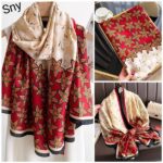 Silk Satin Printing Western Style Long Scarf Leaves red - Image 3