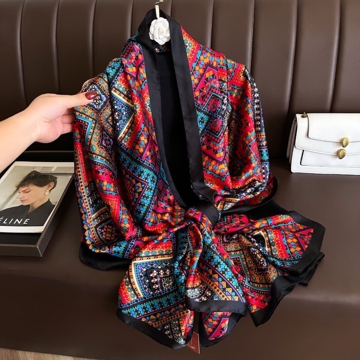 Silk Satin Long Scarf Red and blue geometry - Image 4