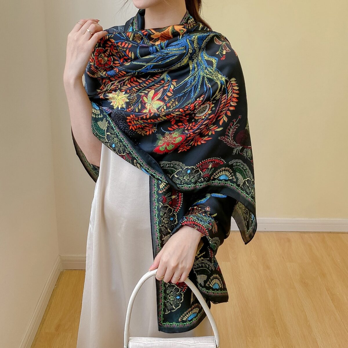 Silk Satin women's printed Long Scarf Black - Image 2
