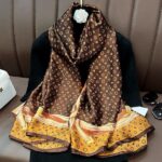 Silk Satin Print Green Long Scarf Brown
