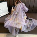 Women's All Dress Matching Elegant Transparent Thin Silk Printing Long Scarf light purple Magnolia - Image 5