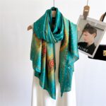 Silk Satin Printing Western Style Long Scarf peacock blue