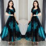 Tight Waist Printed Stitching Women's Dress Polyester fiber Blue