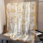 Elegant yellow flowers and plants Transparent Thin Silk Printing Long Scarf