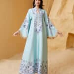 Women's Dress Arabian Dubai Silk Printed Tassel Abaya Sky blue