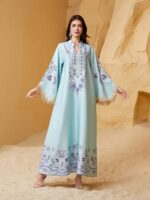 Women's Dress Arabian Dubai Silk Printed Tassel Abaya Sky blue
