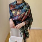 Silk Satin women's printed Long Scarf Black