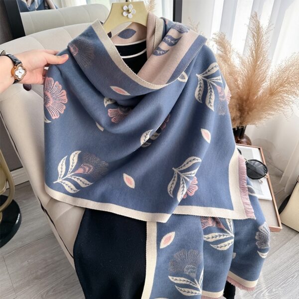 Blue Luxurious Floral Design Women's Winter Shawl