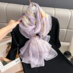 Women's All Dress Matching Elegant Transparent Thin Silk Printing Long Scarf light purple Magnolia - Image 2
