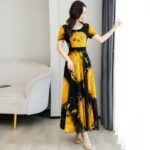 Tight Waist Printed Stitching Women's Dress Polyester fiber Yellow