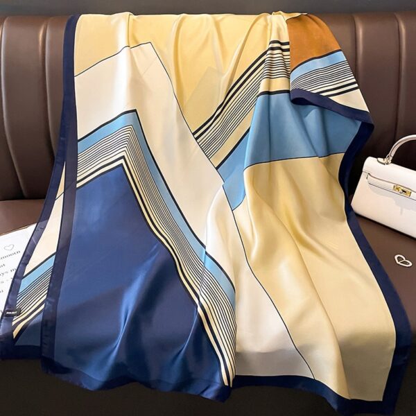Silk Satin women's printed Long Scarf navy blue Edge