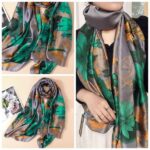 Silk Satin women's printed Long Scarf peony green - Image 3