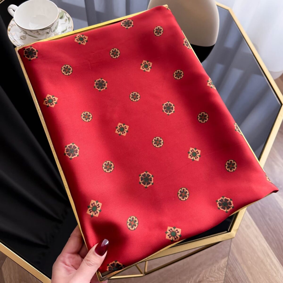 Silk Satin Long Scarf Red - Image 4