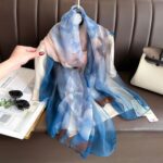 Elegant dark blue Transparent Thin Silk Printing Long Scarf - Image 2