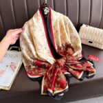 Silk Satin Printing Western Style Long Scarf Leaves red - Image 2