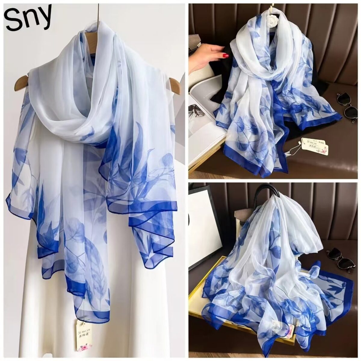 Elegant White Blue Transparent Thin Silk Printing Long Scarf - Image 4