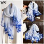 Elegant White Blue Transparent Thin Silk Printing Long Scarf - Image 4