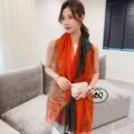 Elegant Yarn-Pellis Orange Transparent Thin Silk Printing Long Scarf - Image 2