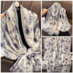 Silk Satin Printing Western Style Long Scarf light blue - Image 3