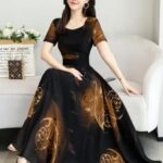 Tight Waist Printed Stitching Women's Dress Polyester fiber Brown
