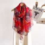 Transparent Thin Silk Peony Red Long Scarf