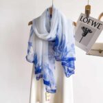 Elegant White Blue Transparent Thin Silk Printing Long Scarf