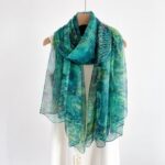 Elegant green floral Transparent Thin Silk Printing Long Scarf