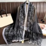 Elegant Colorful ink peony Black Transparent Thin Silk Printing Long Scarf