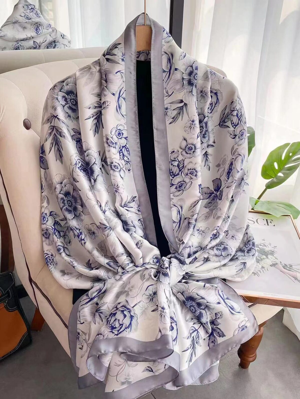 Silk Satin Printing Western Style Long Scarf light blue - Image 2