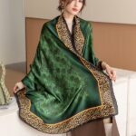 Silk Satin Leopard print dark green Long Scarf