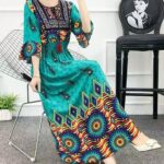 Embroidered Cotton Women's Dress Blue feather