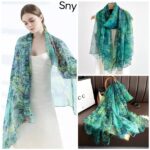 Elegant green floral Transparent Thin Silk Printing Long Scarf - Image 3