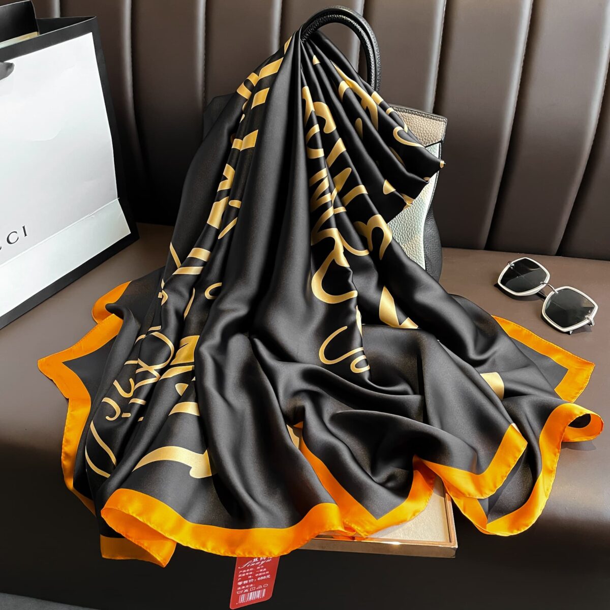 Silk Satin flower black Long Scarf - Image 2