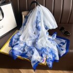 Elegant White Blue Transparent Thin Silk Printing Long Scarf - Image 3