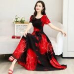 Tight Waist Printed Stitching Women's Dress Polyester fiber Red