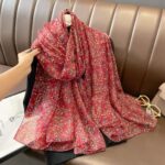Elegant Wine red floral Transparent Thin Silk Printing Long Scarf - Image 2