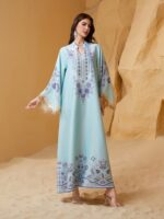 Women's Dress Arabian Dubai Silk Printed Tassel Abaya Sky blue - Image 6
