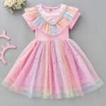 Princess Dress Girls Autum Style Rainbow Short Sleeve